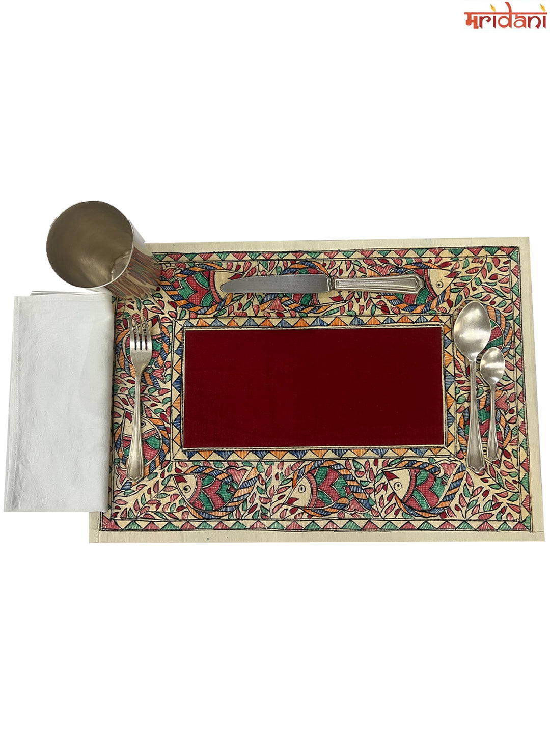 Hand-Painted Madhubani Table Mat Set –  Fish Border on Maroon